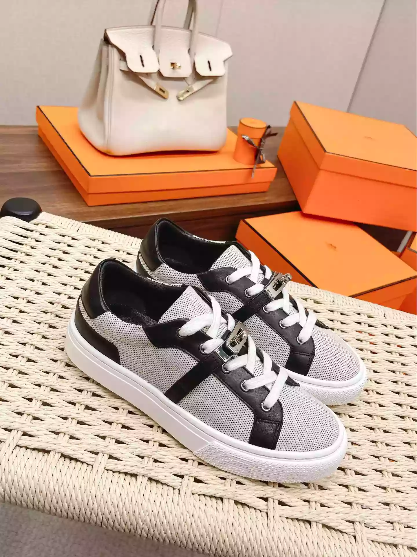 Hermes Women’s Day Sneakers in H Canvas with Black Leather – HM064