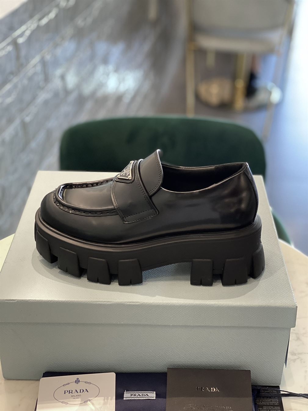 PRADA MONOLITH BRUSHED LEATHER LOAFERS – PRS034
