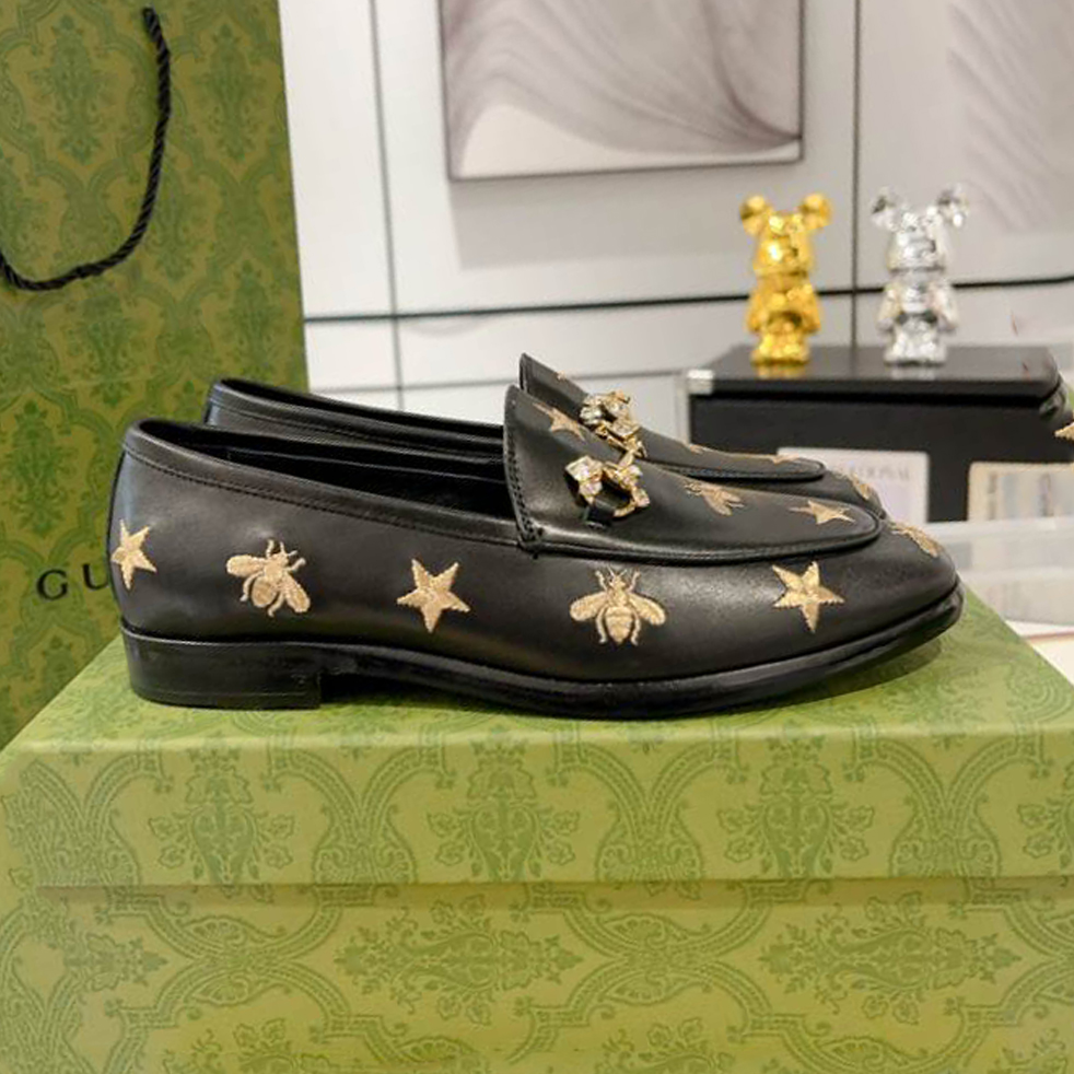 Gucci Jordaan Black Bee & Star Embroidered Leather Loafer – GL077