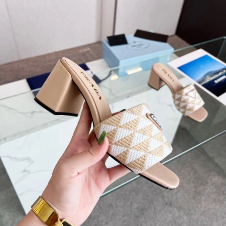 PRADA HEELED SLIDE SANDALS 65MM IN BEIGE AND WHITE FABRIC – PSD034