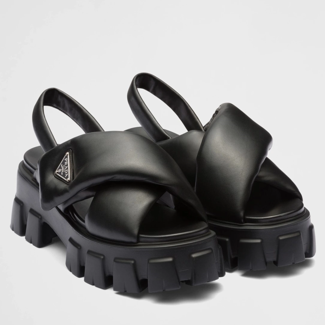 PRADA MONOLITH PADDED SANDALS IN BLACK NAPPA LEATHER – PSD017