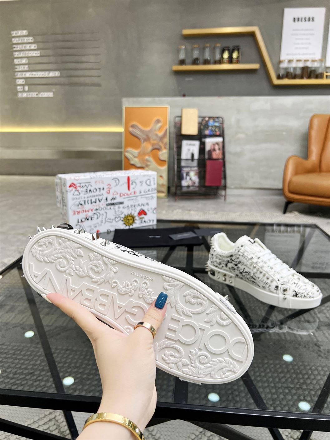 DOLCE & GABBANA CALFSKIN NAPPA PORTOFINO SNEAKERS WITH STUDS – DG019