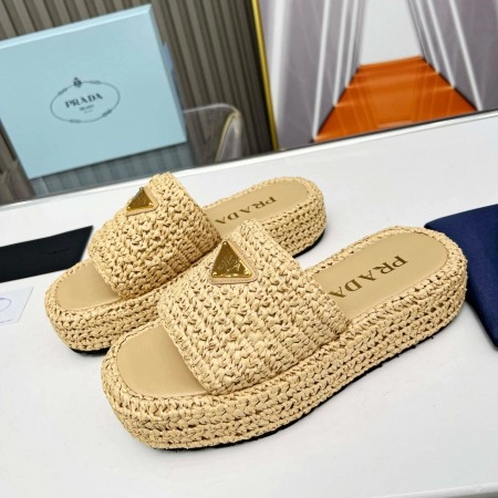 PRADA CROCHET FLATFORM SLIDES IN BEIGE RAFFIA-EFFECT YARN – PSD070