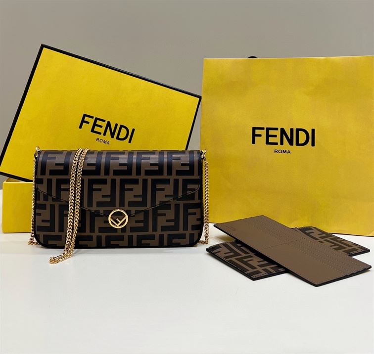 FENDI WALLET ON CHAIN WITH POUCHES BROWN LEATHER MINI BAG – F056