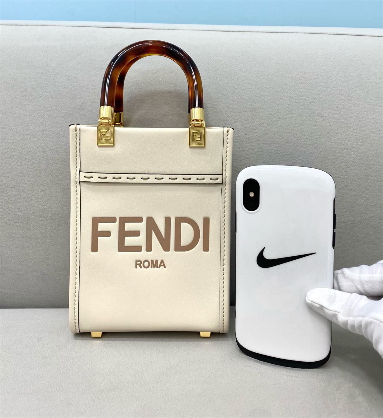 FENDI MINI SUNSHINE SHOPPER WHITE LEATHER MINI BAG – F012