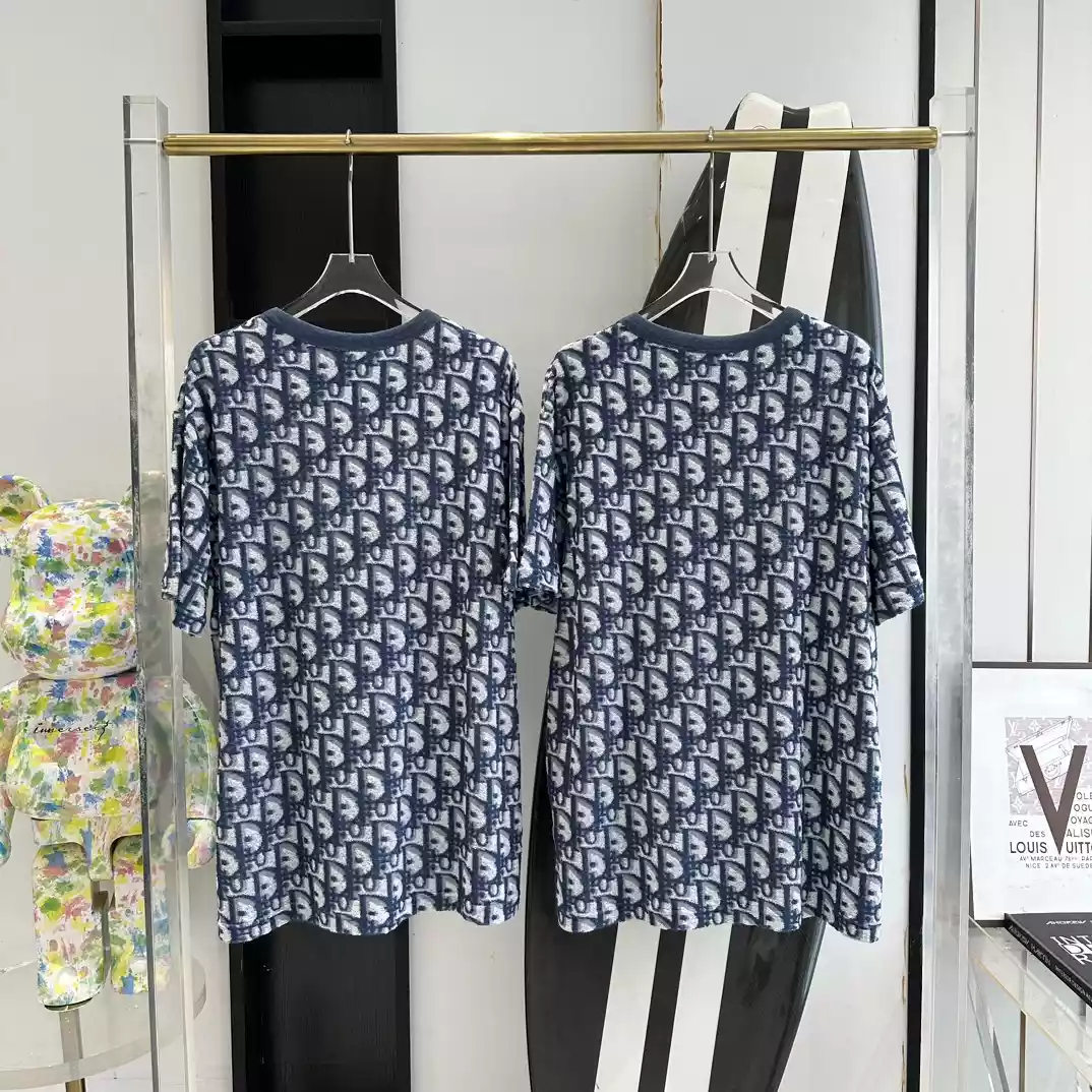 DIOR OBLIQUE T-SHIRT, RELAXED FIT BLUE AND WHITE TERRY COTTON JERSEYY – DOT046