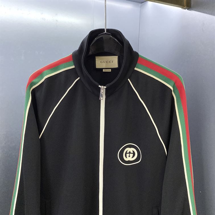 GUCCI LOGO APPLIQUED STRIPED TECH-JERSEY TRACK JACKET IN BLACK – GCJ017
