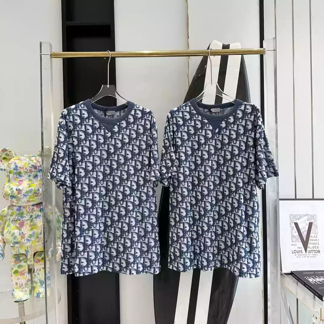 DIOR OBLIQUE T-SHIRT, RELAXED FIT BLUE AND WHITE TERRY COTTON JERSEYY – DOT046