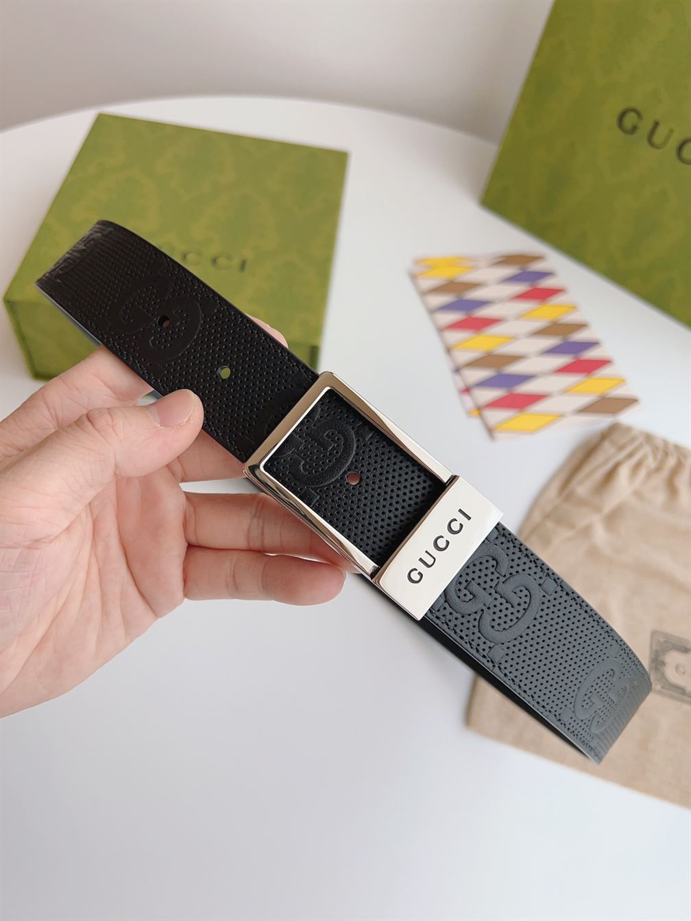 GUCCI GG BELT WITH RECTANGULAR BUCKLE – GB044