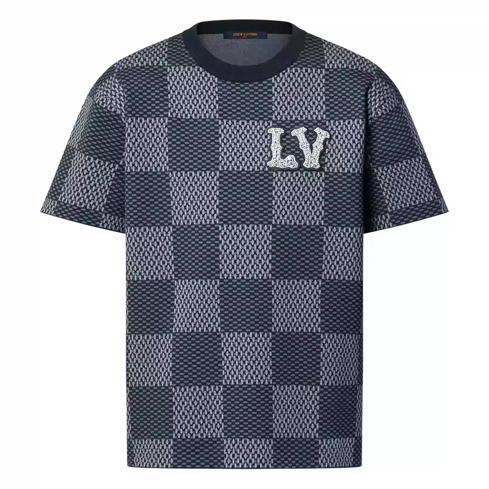 SHORT SLEEVED COTTON DAMIER CREWNECK WITH CRYSTAL LV PATCH  – LVTS130