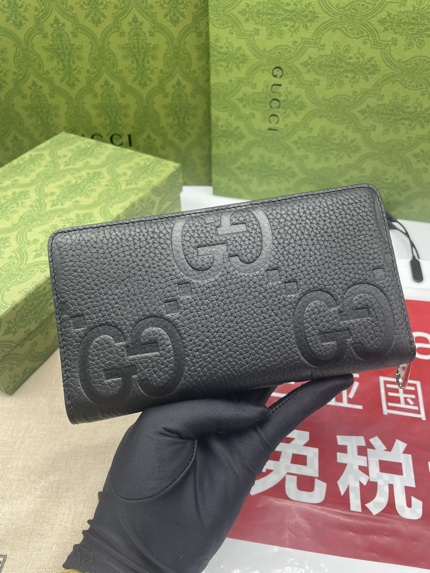 JUMBO GG ZIP AROUND WALLET BLACK LEATHER – WLG060