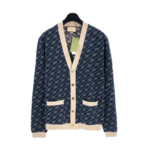 GUCCI NAVY & OFF-WHITE GG JACQUARD CARDIGAN – GCJ003