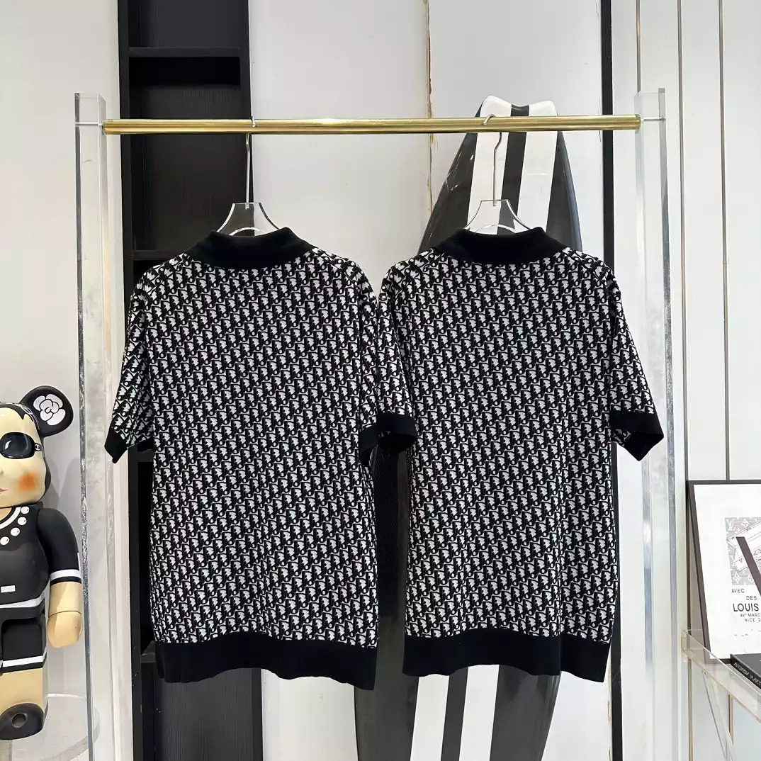 DI0R OBLIQUE POLO SHIRT BEIGE, BLUE AND BLACK COTTON JACQUARD – DOT058