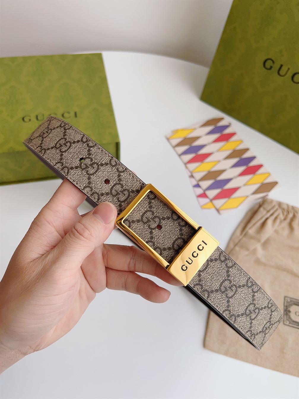 GUCCI GG BELT WITH RECTANGULAR BUCKLE – GB045