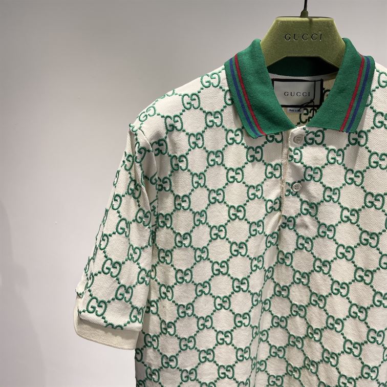 GUCCI GG STRETCH COTTON POLO IN OFF-WHITE AND GREEN – GGS007