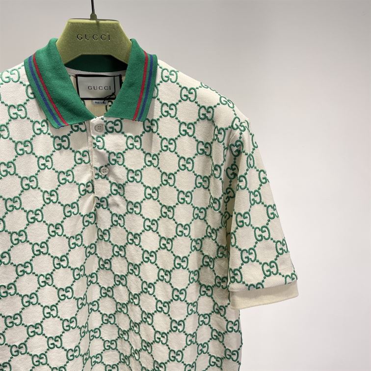 GUCCI GG STRETCH COTTON POLO IN OFF-WHITE AND GREEN – GGS007