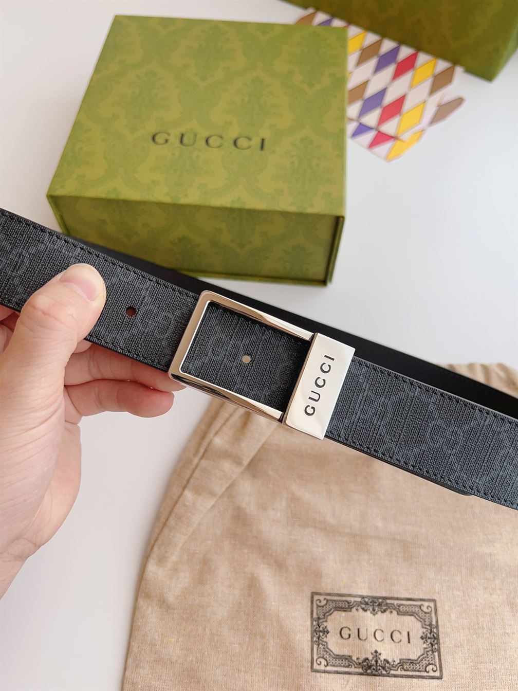 GUCCI GG BELT WITH RECTANGULAR BUCKLE – GB042