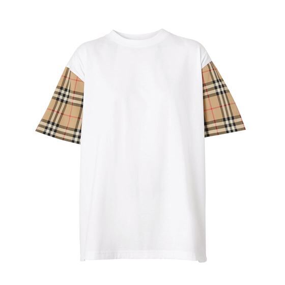 BURBERRY CHECK SLEEVE COTTON OVERSIZED T-SHIRT IN WHITE – BRS010