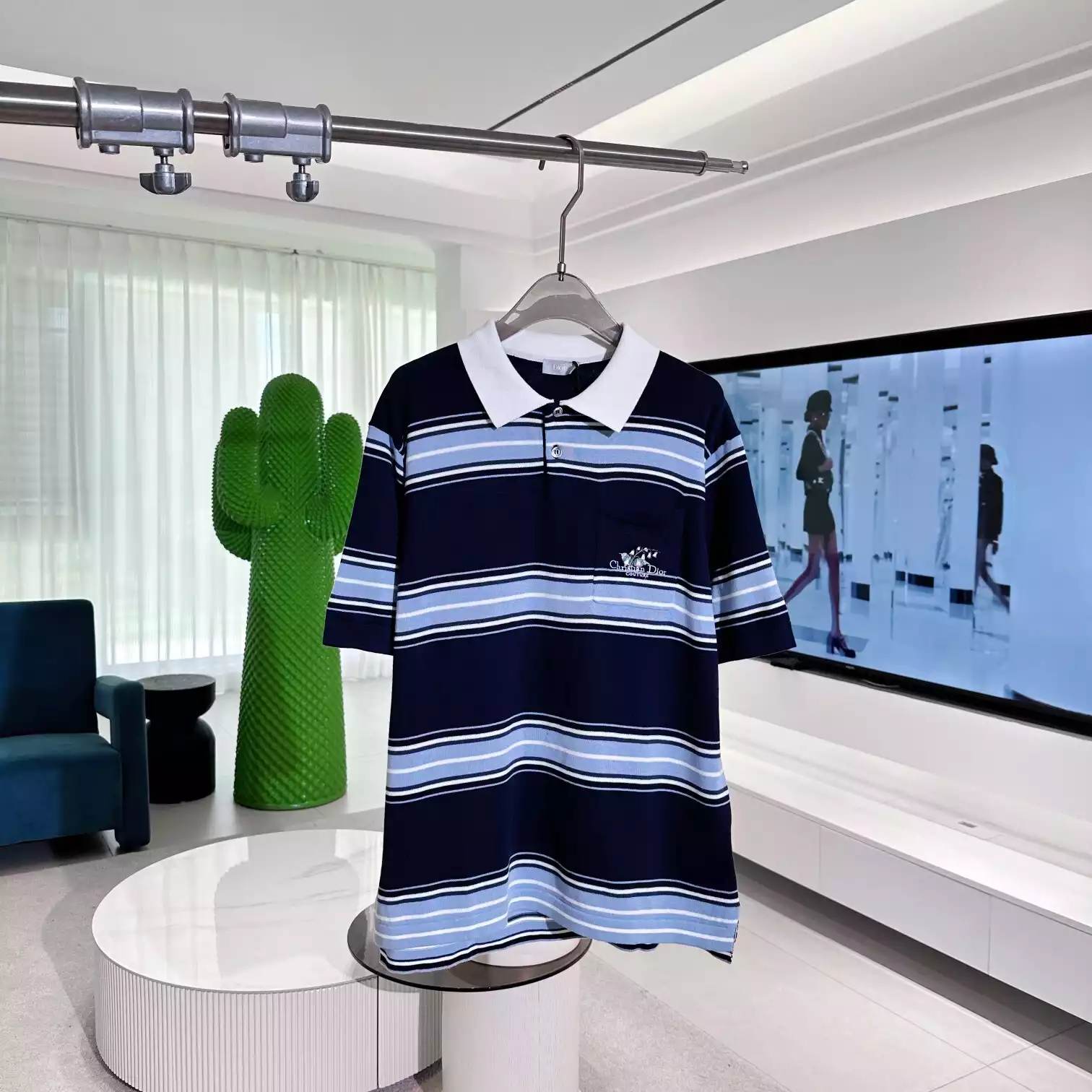 DIOR COUTURE LILY OF THE VALLEY POLO SHIRT BLUE COTTON AND CASHMERE JERSEY – DOT040