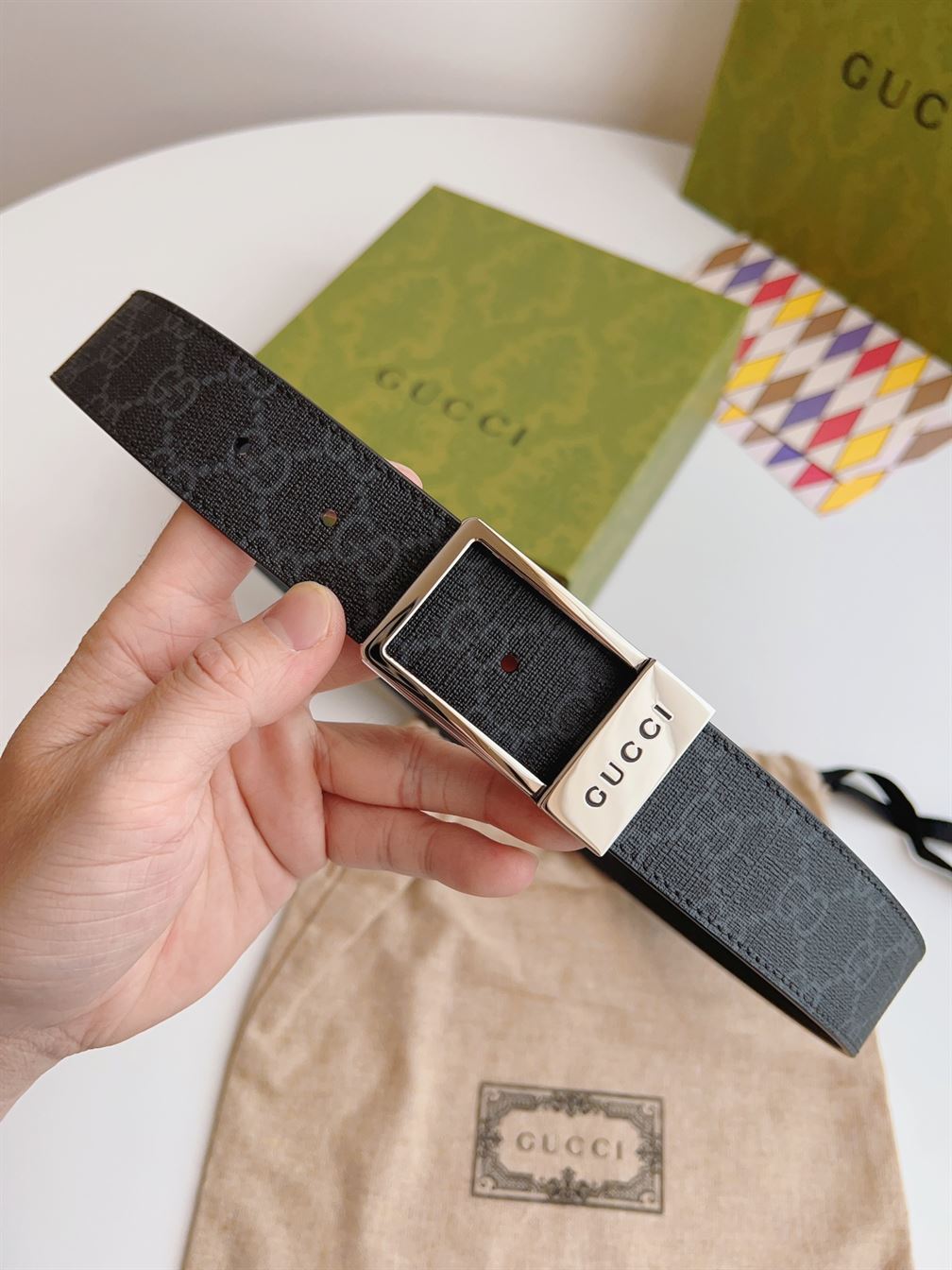 GUCCI GG BELT WITH RECTANGULAR BUCKLE – GB042