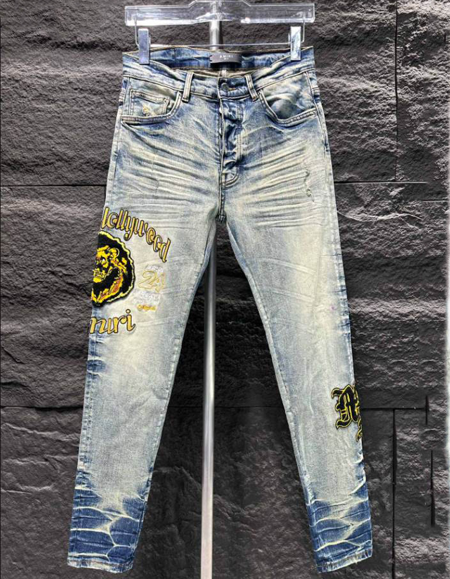 Amiri Ripp White Yellow Logo Jeans – AMIJ010