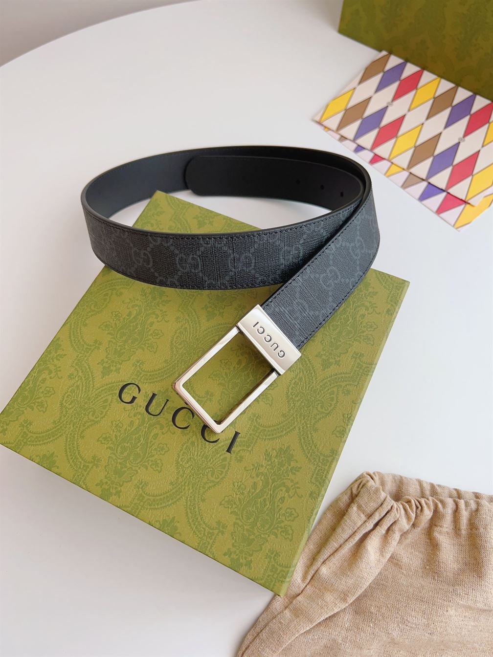 GUCCI GG BELT WITH RECTANGULAR BUCKLE – GB042