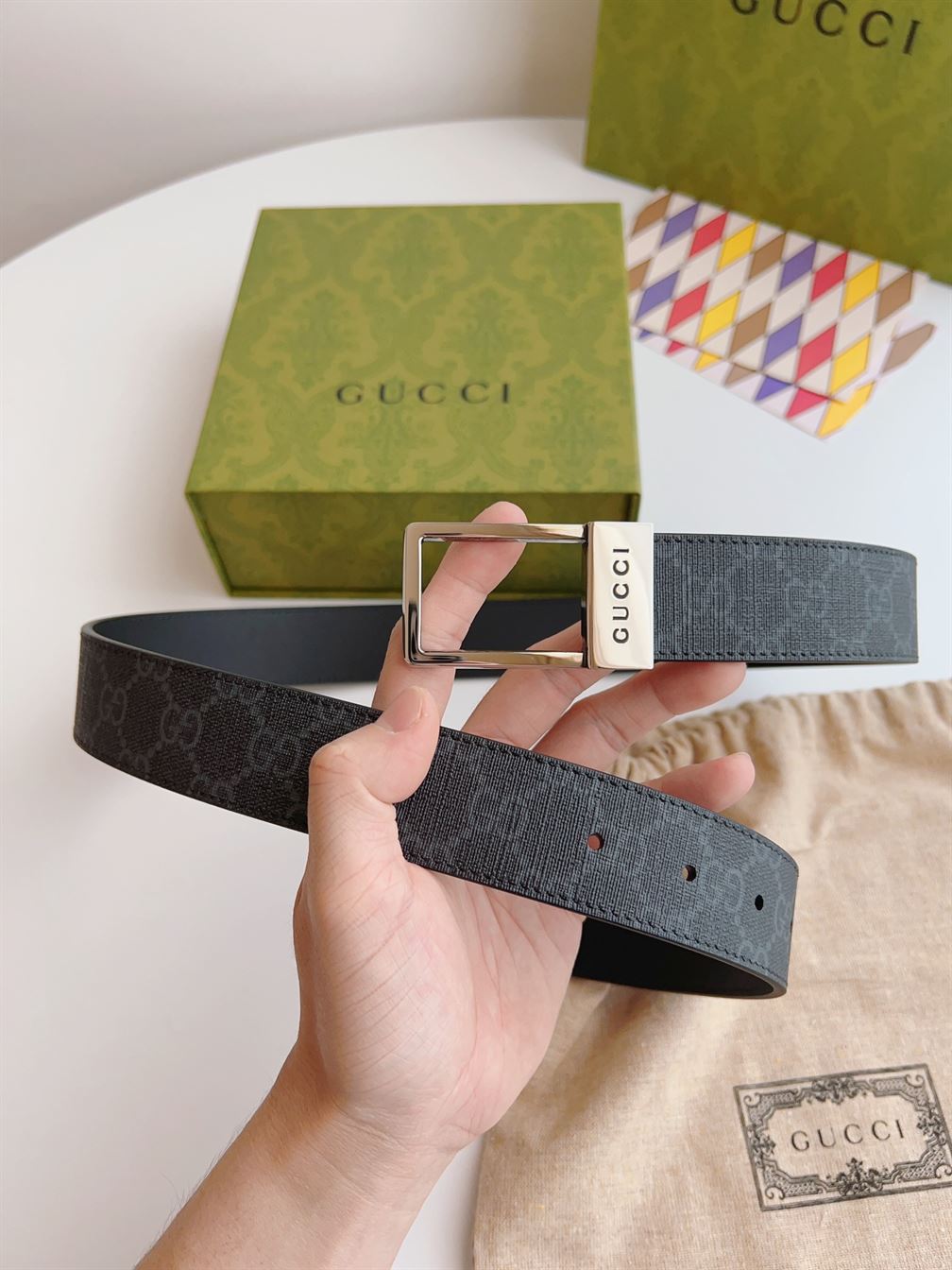 GUCCI GG BELT WITH RECTANGULAR BUCKLE – GB042