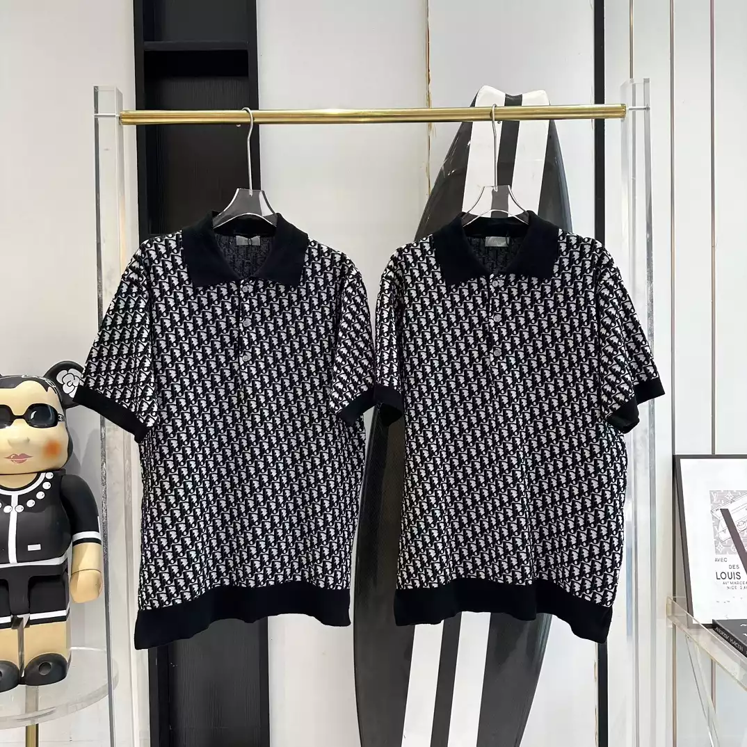 DI0R OBLIQUE POLO SHIRT BEIGE, BLUE AND BLACK COTTON JACQUARD – DOT058