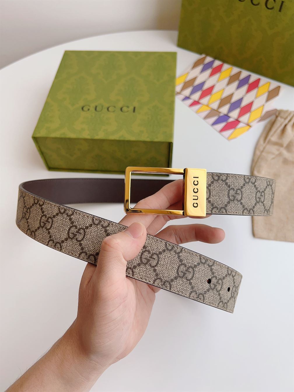 GUCCI GG BELT WITH RECTANGULAR BUCKLE – GB045