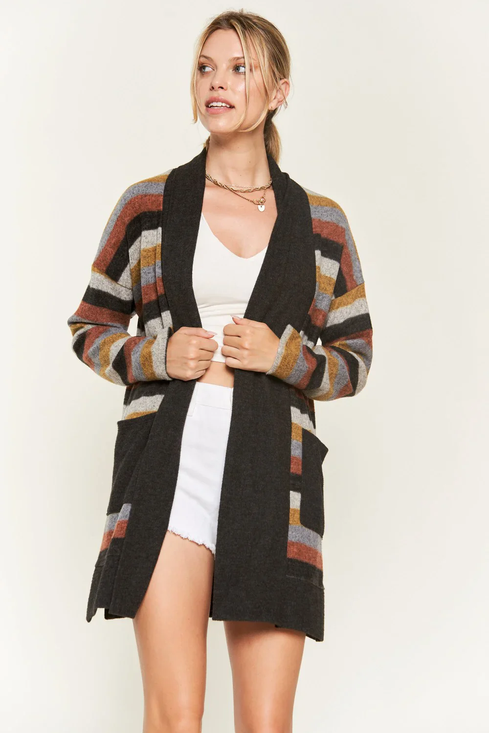 Plus Size Western Striped Open Front Long Sleeve Oversized Longline Knit Cardigan