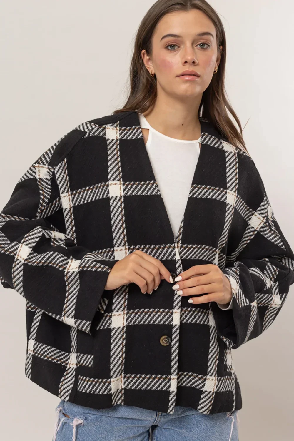 Oversize Plaid Long Sleeve Side Slit Pockets Jacket Shacket