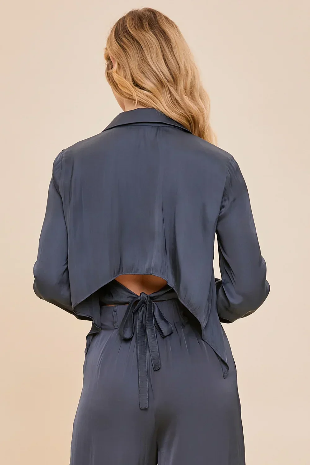 Black Tie Navy Dreams Cropped Satin Button-Up Shirt