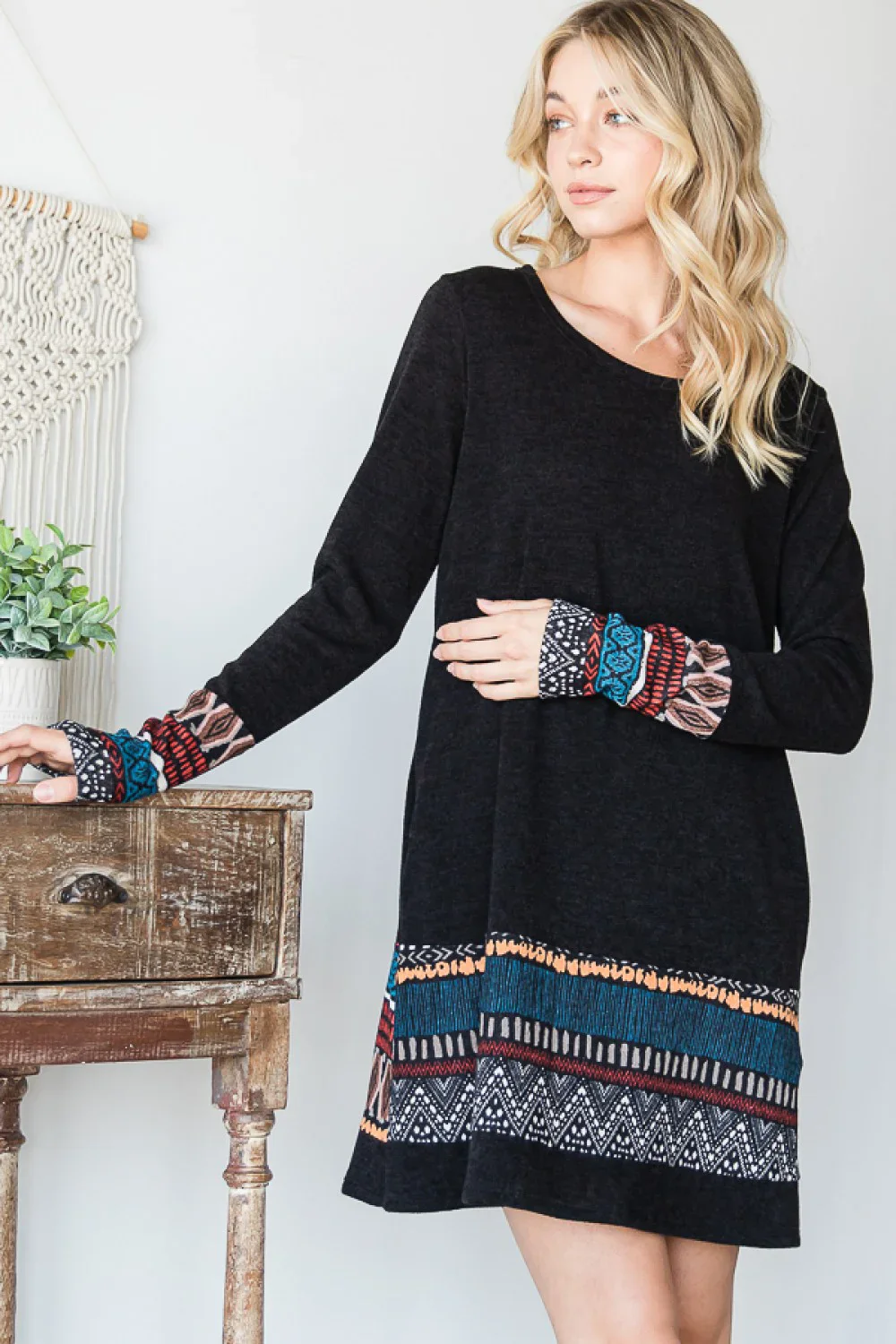 Plus Size Long Sleeve Ethnic Print Trim Casual Boho Shift Fall Winter Boutique Dress