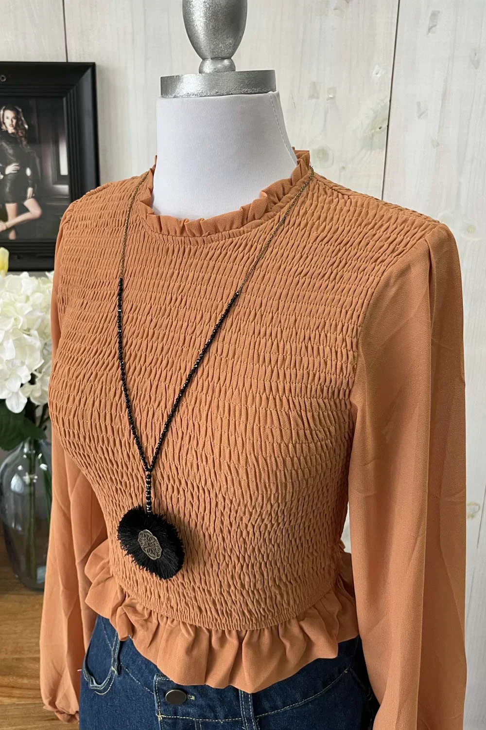 Smocked Long Sleeve Sheer Crop Top Trendy Boutique Fashion Top