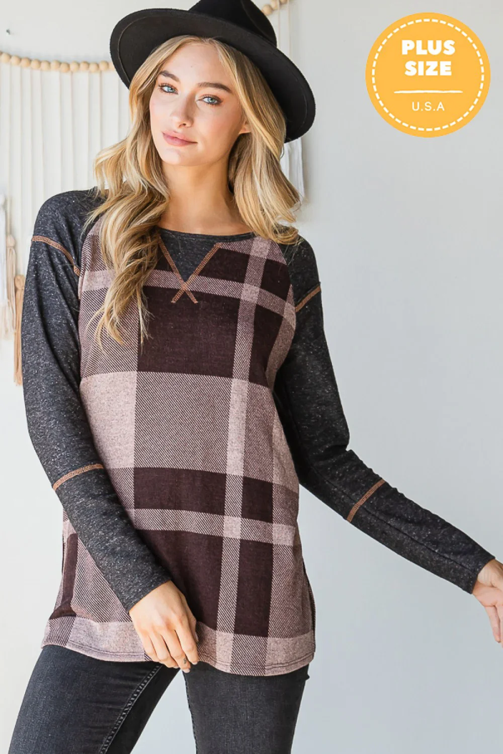 Plus Size Reverse Stitch Detail Buffalo Plaid Color Block Long Sleeve Casual Top