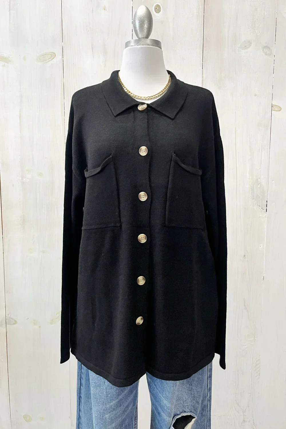 Black Collared Front Pocket Button Down Sweater Shirt