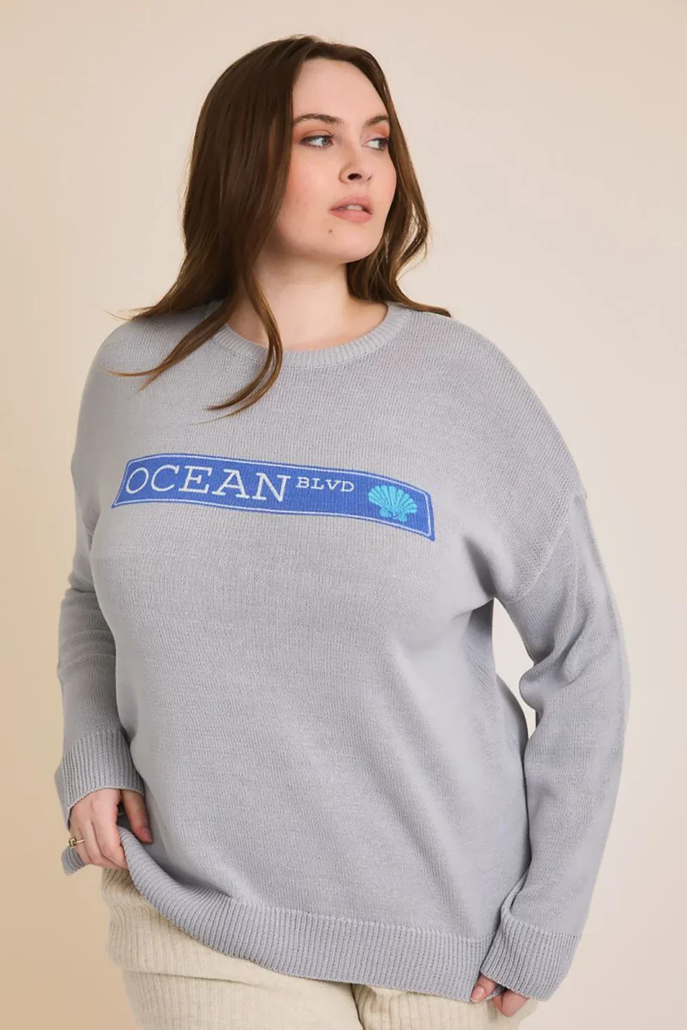 Plus Size OCEAN BLVD Graphic Knit Long Sleeve Crew Neck Boutique Sweater