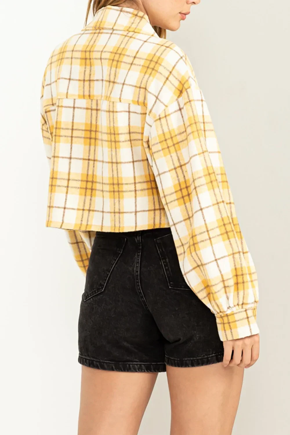 Flannel Plaid Wide Long Sleeve Collared Front Pocket Crop Jacket
