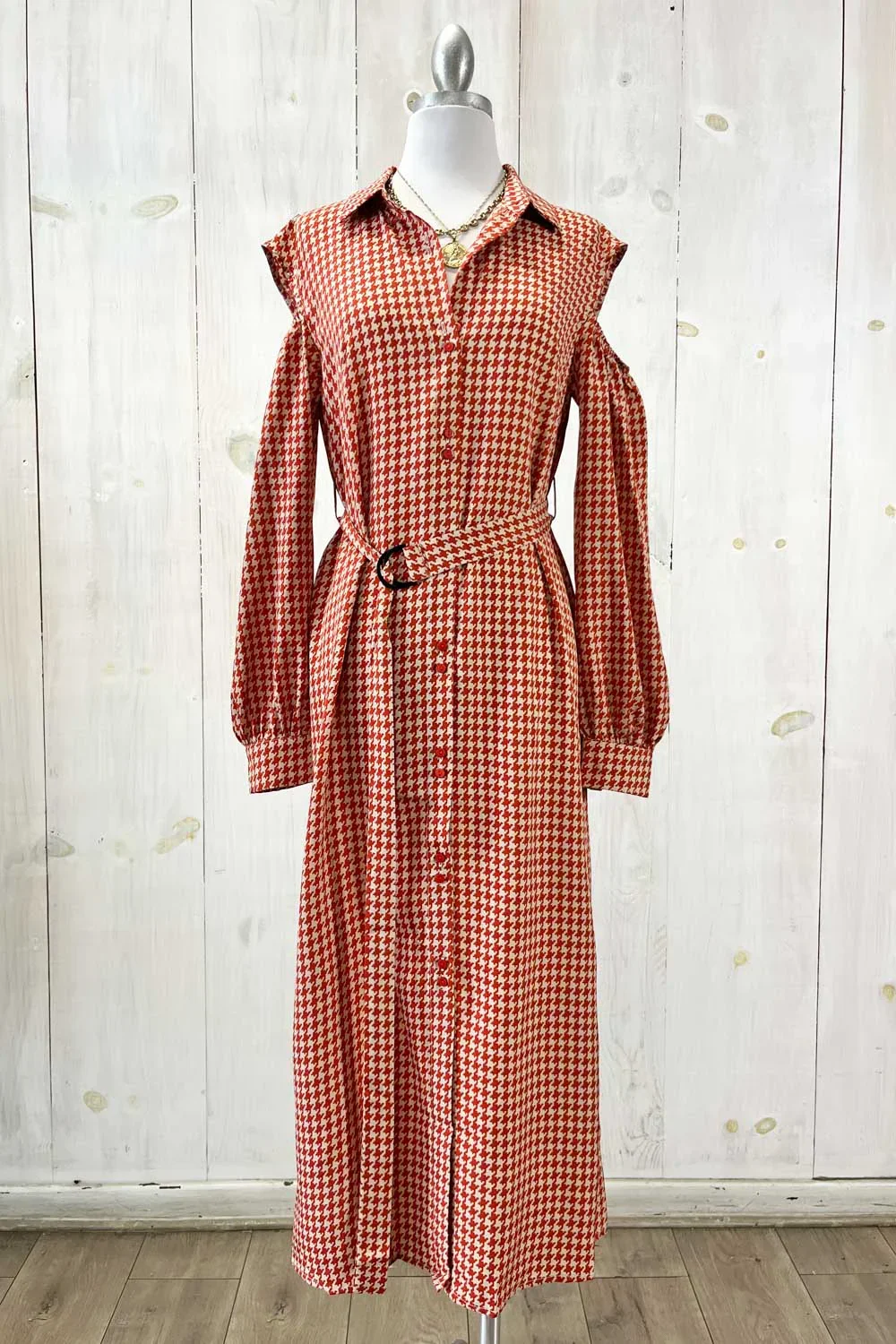 Houndstooth Print with Belt Cold Shoulder Long Sleeve Midi Shirt Dress