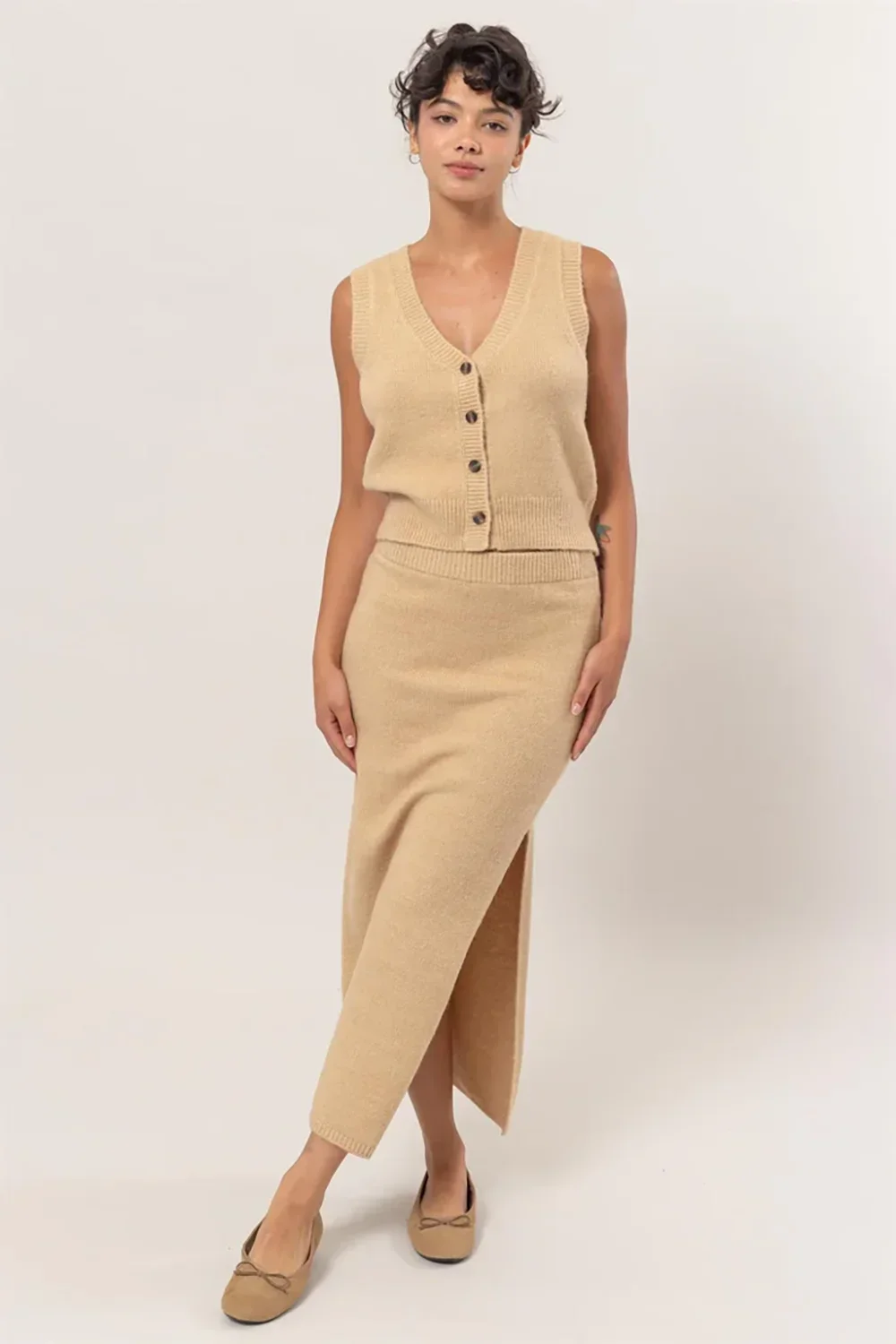 Ribbed Knit Button Front Sleeveless Vest Top Midi Skirt Two Piece Set