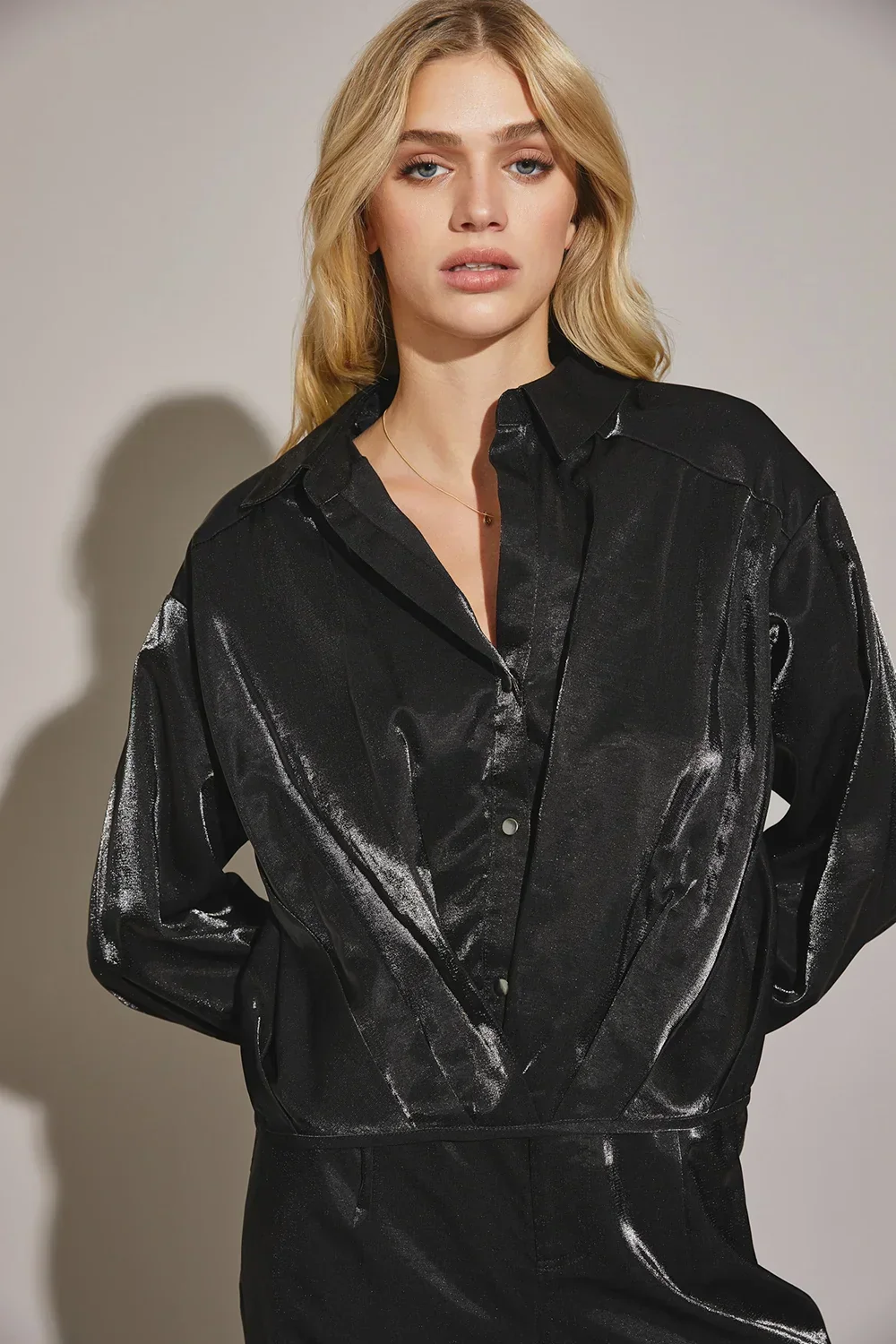 Liquid Metal Oversized Button Snap Metallic Glamour Top