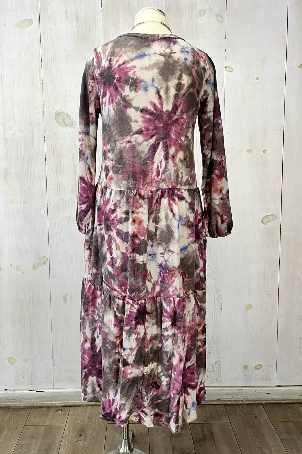 Plus Size Boho Tie Dye Long Sleeve Tiered Midi Boutique Fashion Dress