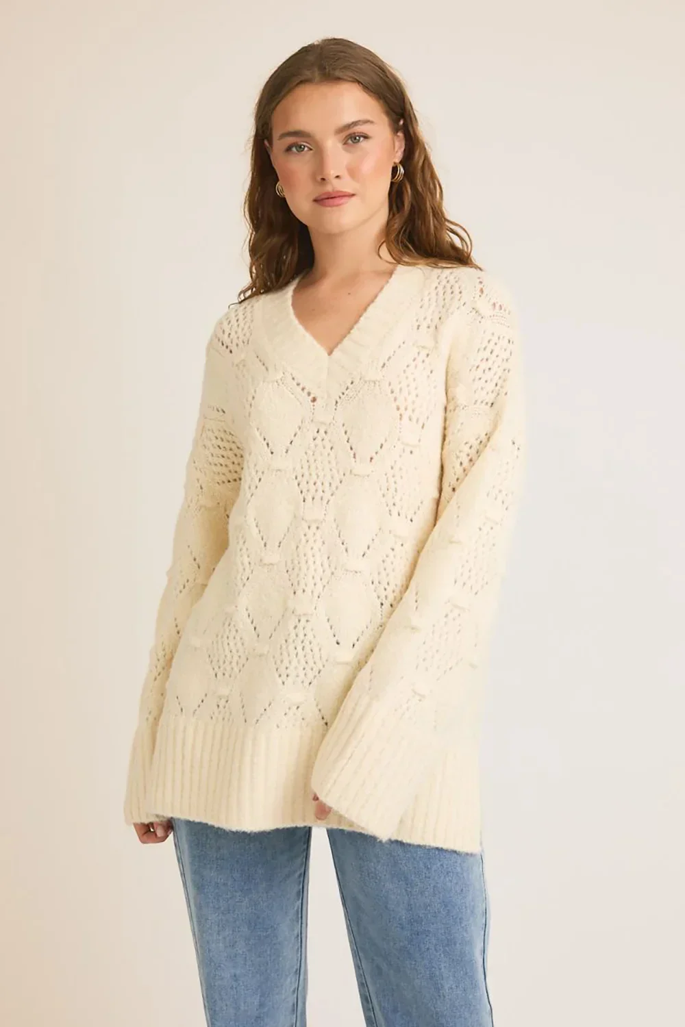 Cozy Cream Cable Knit V Neck Pointelle Ribbed Cuffs Side Slits Sweater