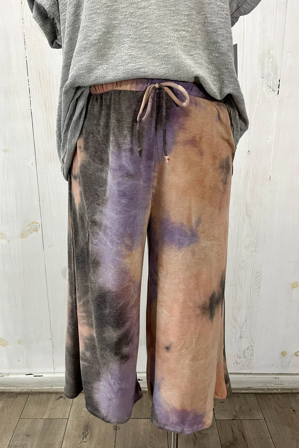 Plus Size Tie Dye Wide Leg Cropped Drawstring Lounge Pants