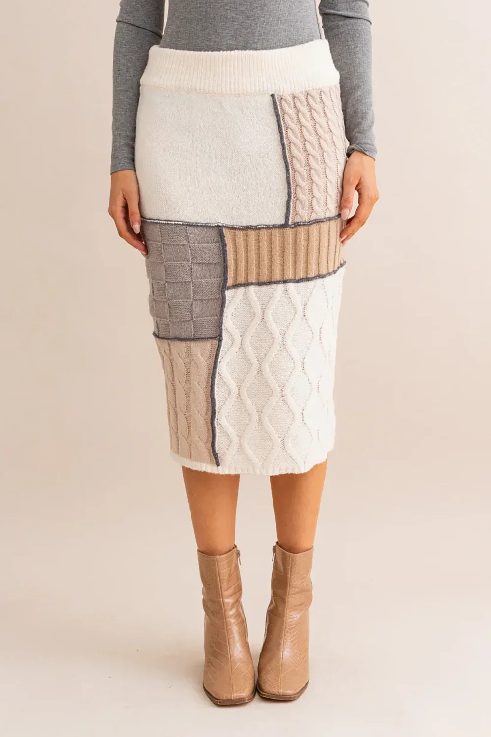 Neutral Colorblock Ribbed Waistband Cable Knit Patchwork Midi Pencil Skirt
