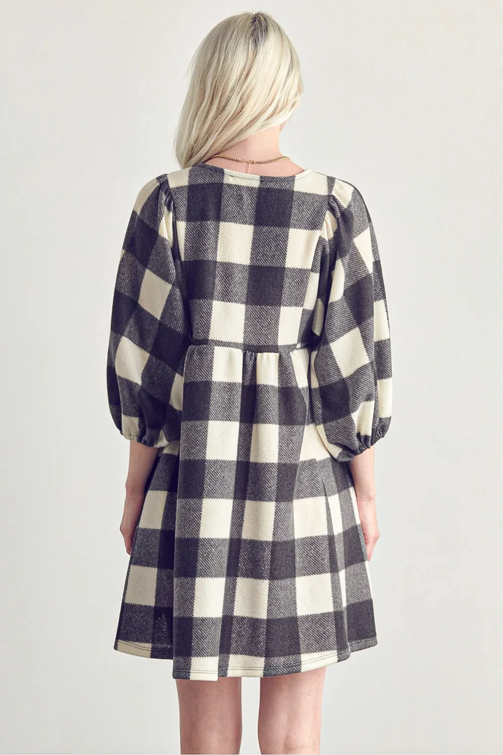 Plus Size Fleece Buffalo Plaid V Neck Puff Sleeve Cozy Casual Fall Winter Swing Dress