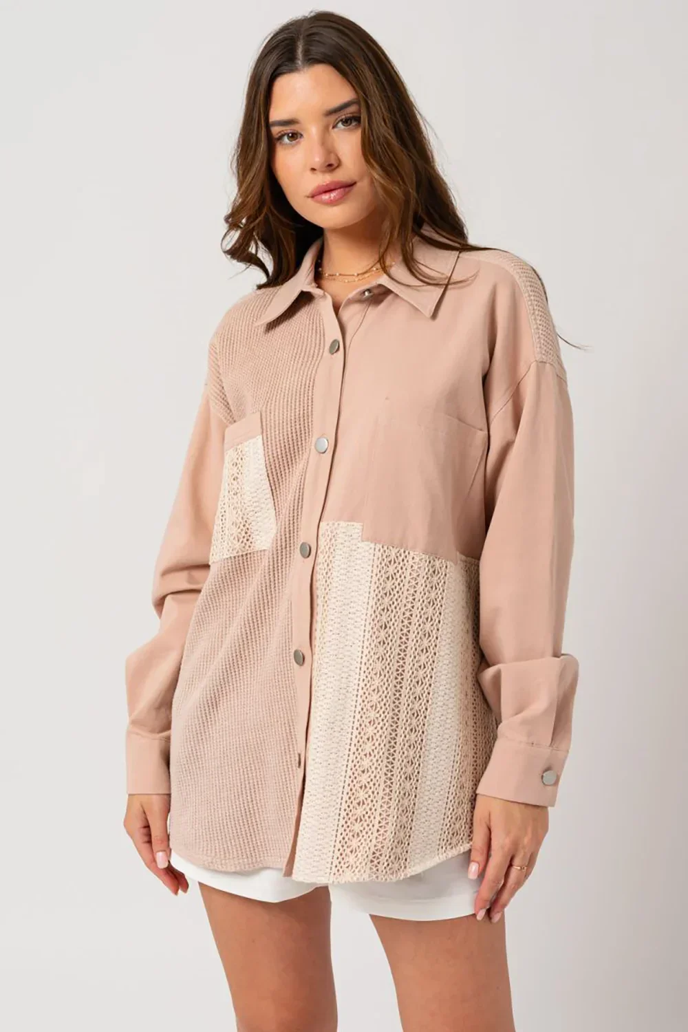 Dusty Blush Mixed Media Button Down Waffle Knit Shacket