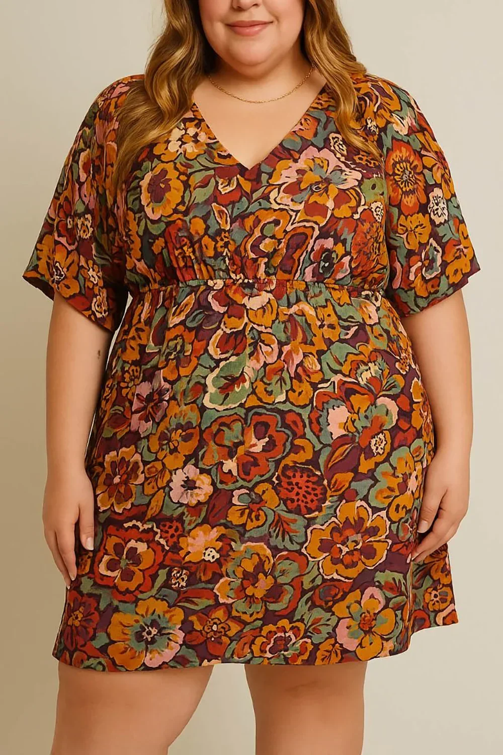 Plus Size Retro Floral Print Short Sleeve V-Neck Cinched Waist Mini Dress