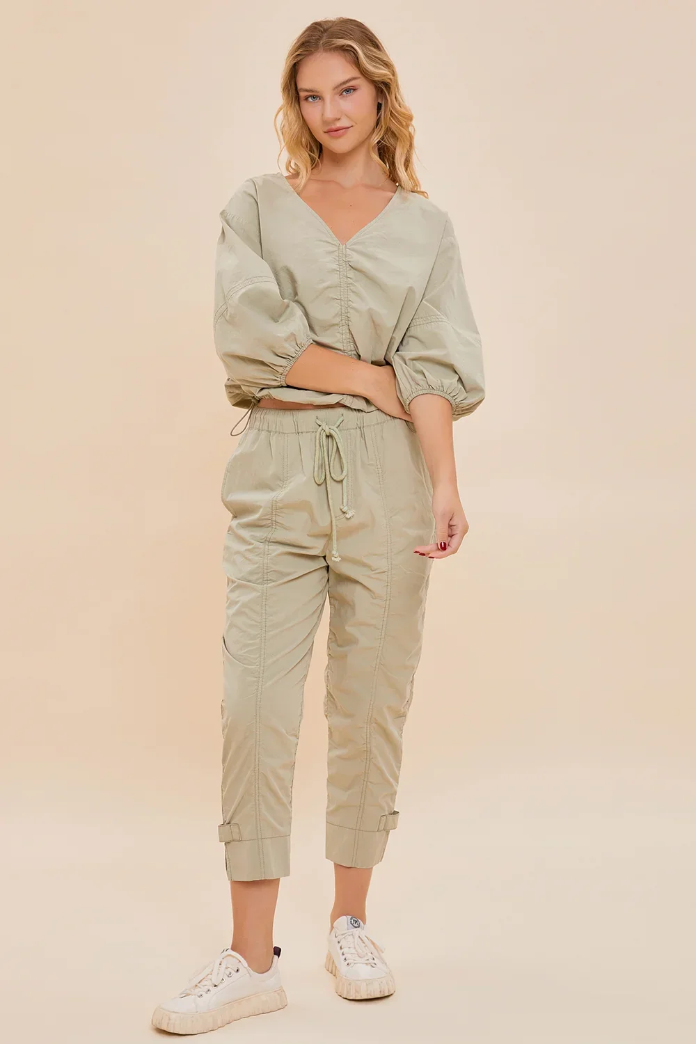 Safari Cotton Chic Utility Coord Balloon Sleeve Top & Cargo Pants Set