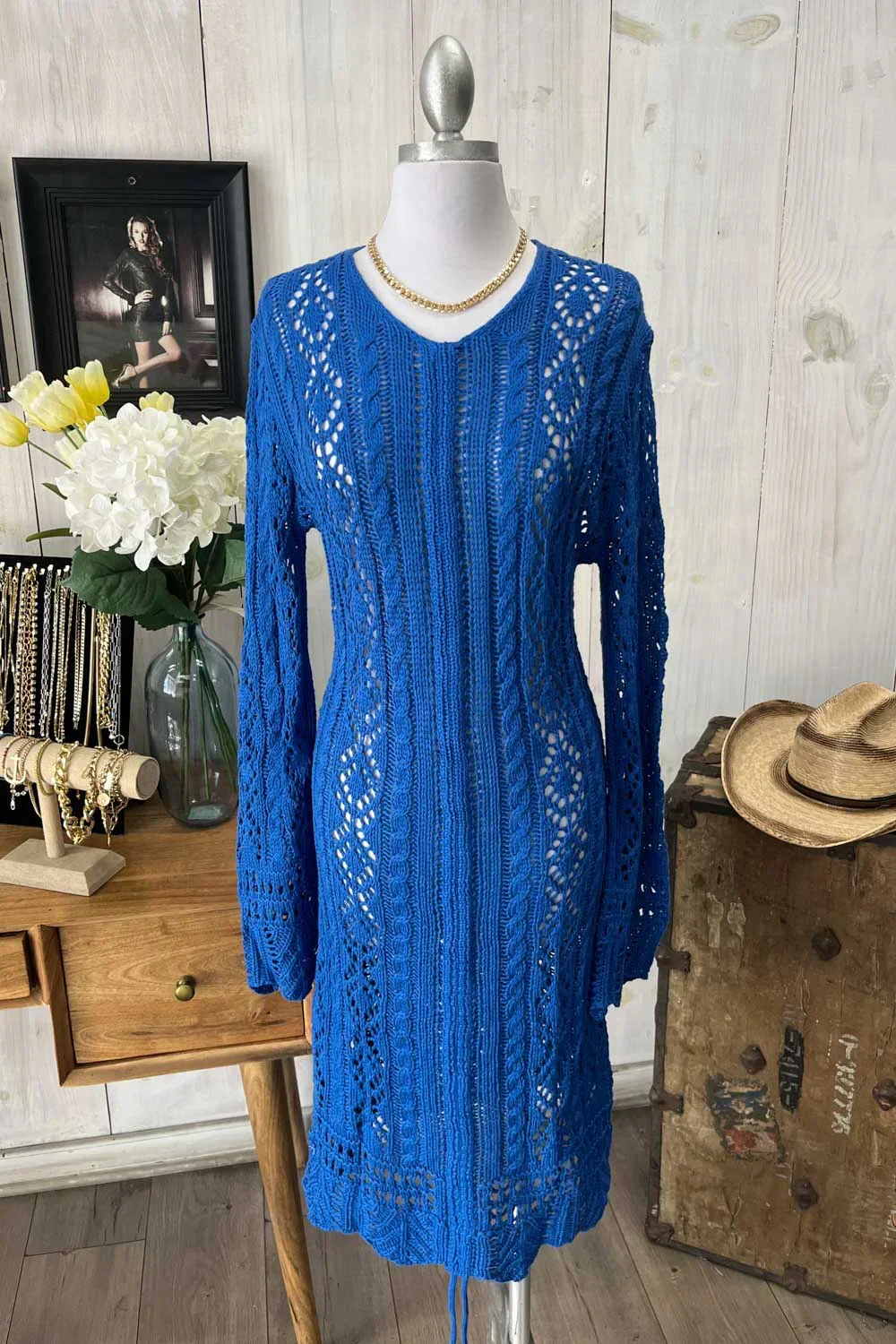 Crochet Cable Knit V-Neck Long Sleeve Eyelet Details Midi Dress